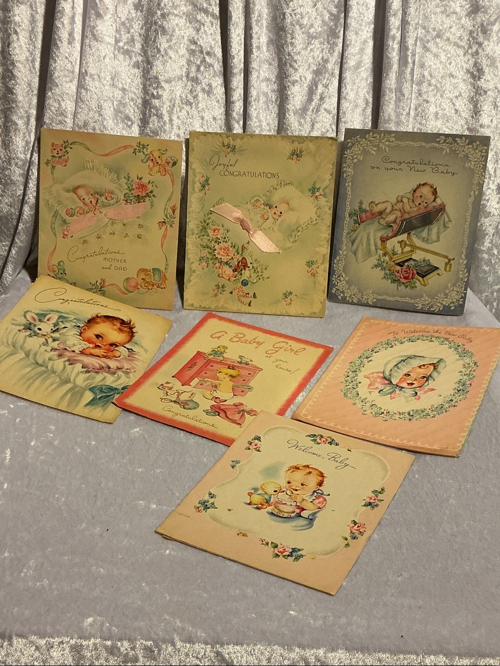 Vintage Baby Greeting Card Lot - Pastel Pink, Cream & Blue